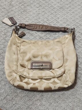 Coach Kristin Op Art Tan Signature Hobo Bag with Taupe Leather Strap
